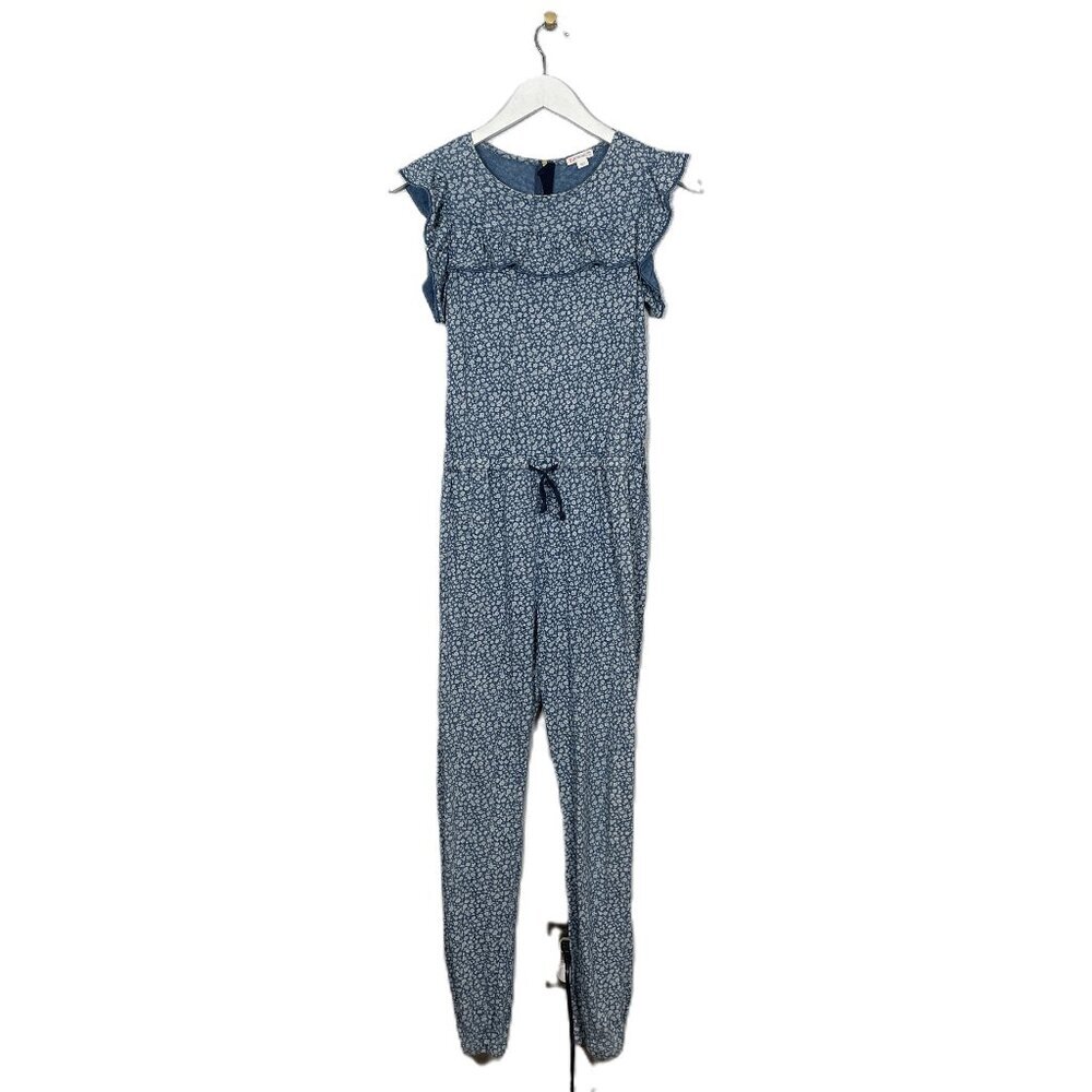 Crewcuts Girls 14 Blue White Floral Ruffle Trimmed Jumpsuit Jogger Drawstring